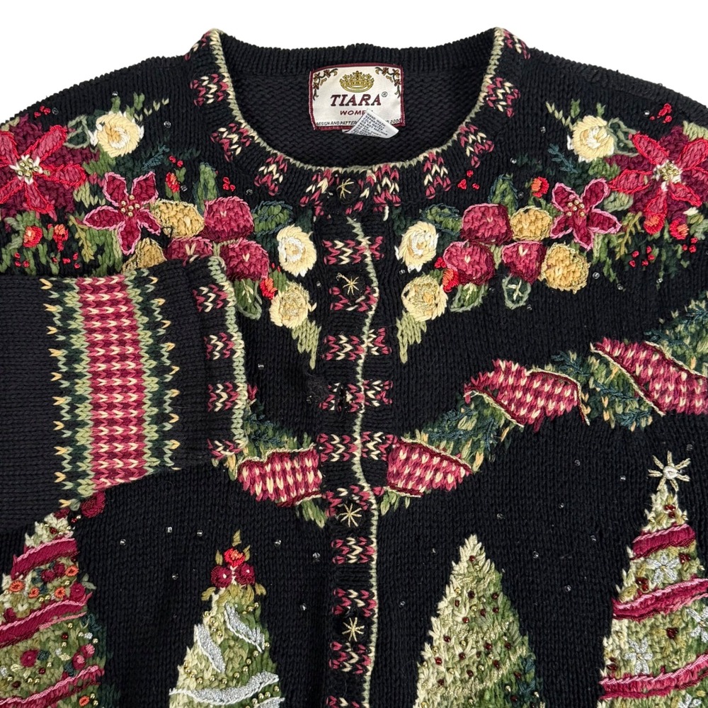 Vintage Tiara Christmas Sweater Cardigan Beaded Embroidered Womens 18/20 READ